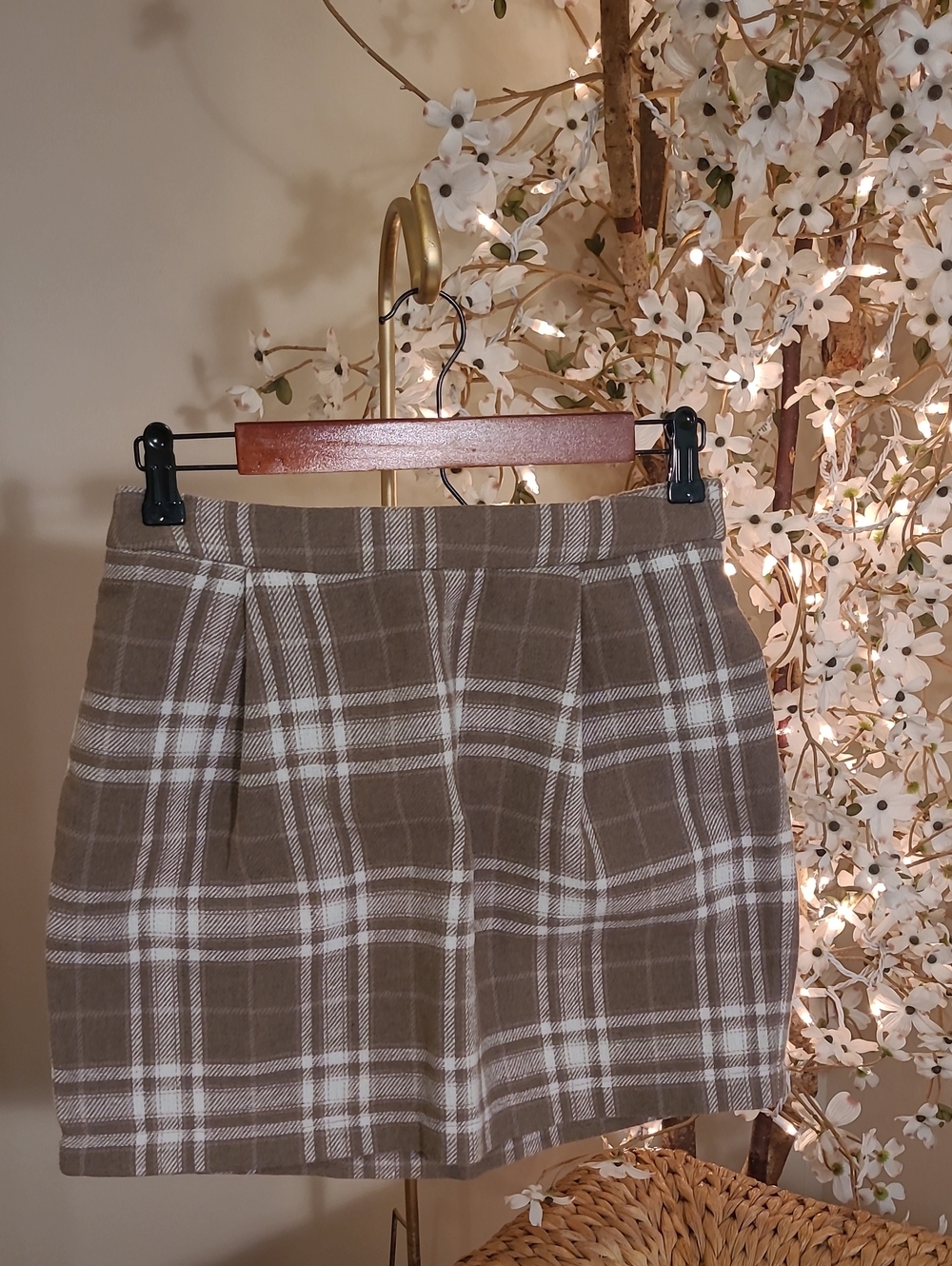Taupe/Tan and White Plaid Mini Skirt